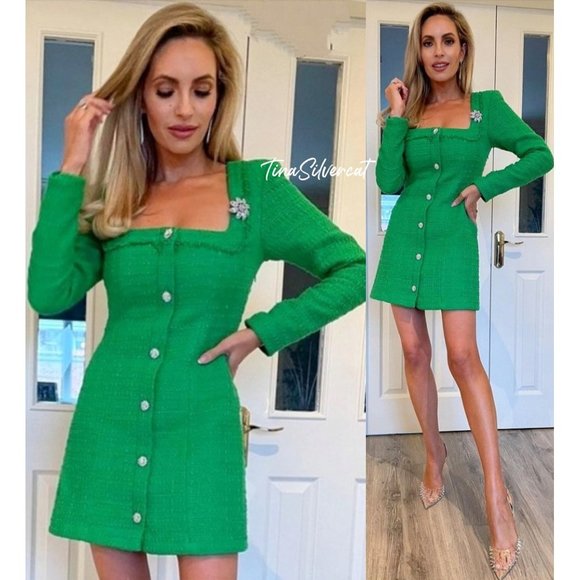 BLOGGERS FAVE! Zara Elegant Green Tweed Mini Dress With Jewel Buttons NWT - Picture 9 of 17